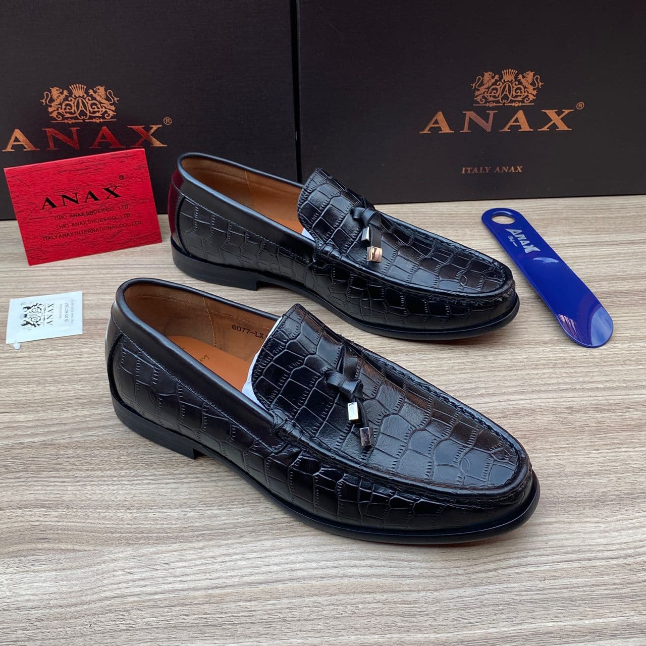 ANAX 6077-LX Croc Tassel Loafers Black