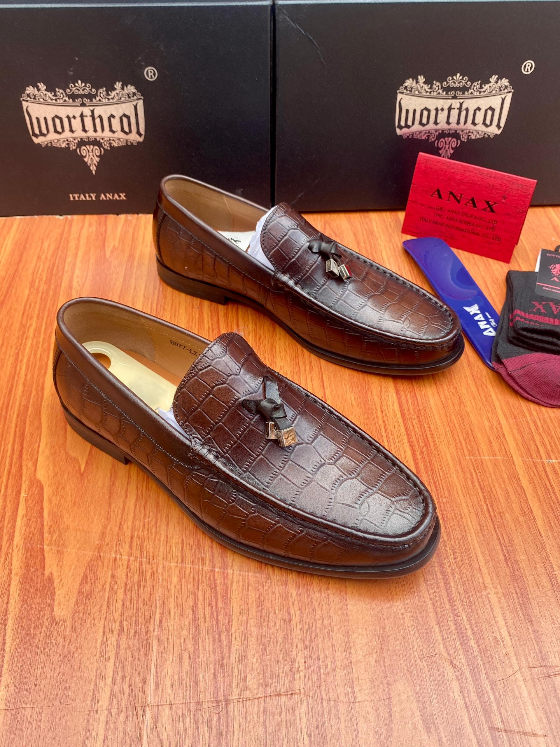ANAX 6077-LX Croc Tassel Loafers Dark Brown