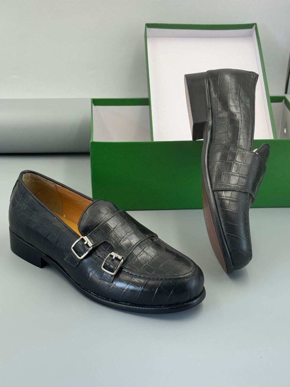 Bottega Veneta Croc Monk Strap Loafers Black