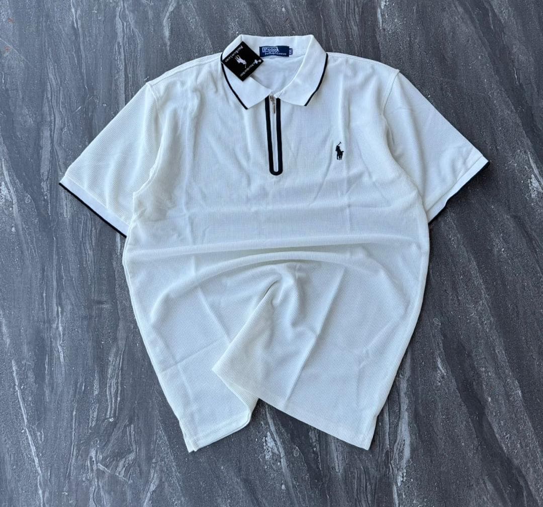 White Contrast Zip Polo Shirt