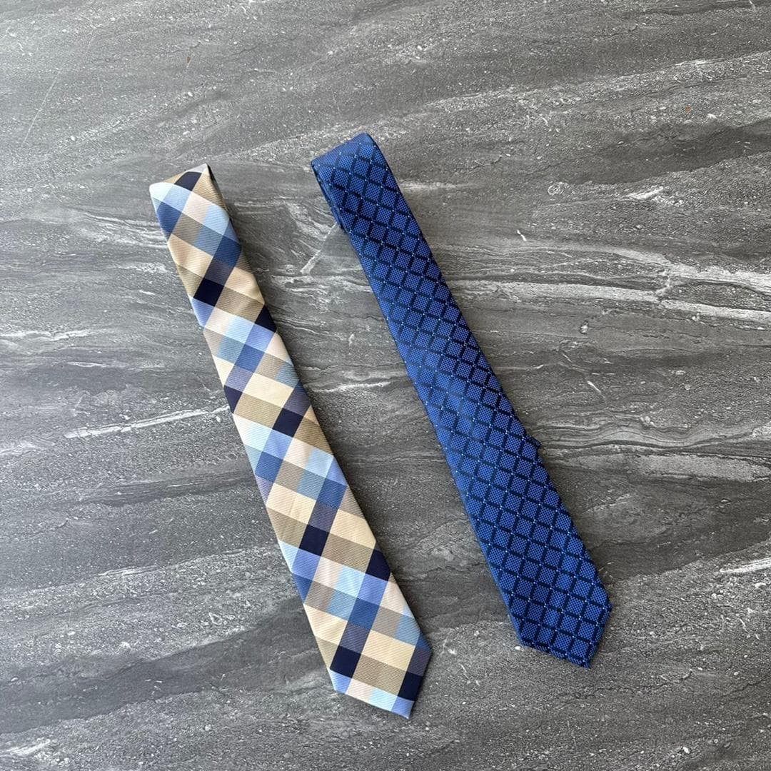 Cream Plaid & Blue Dot Tie Set