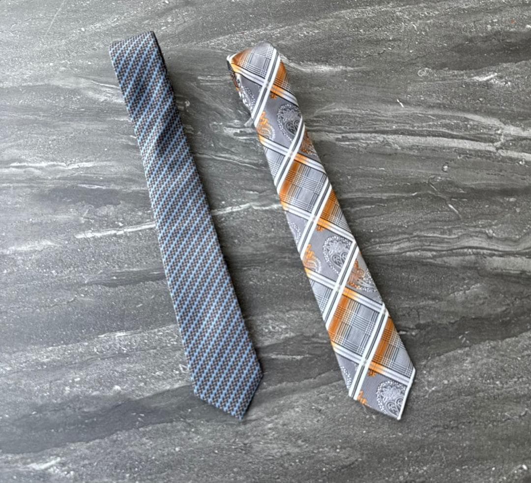 Silver Stripe & Tan Plaid Tie Set
