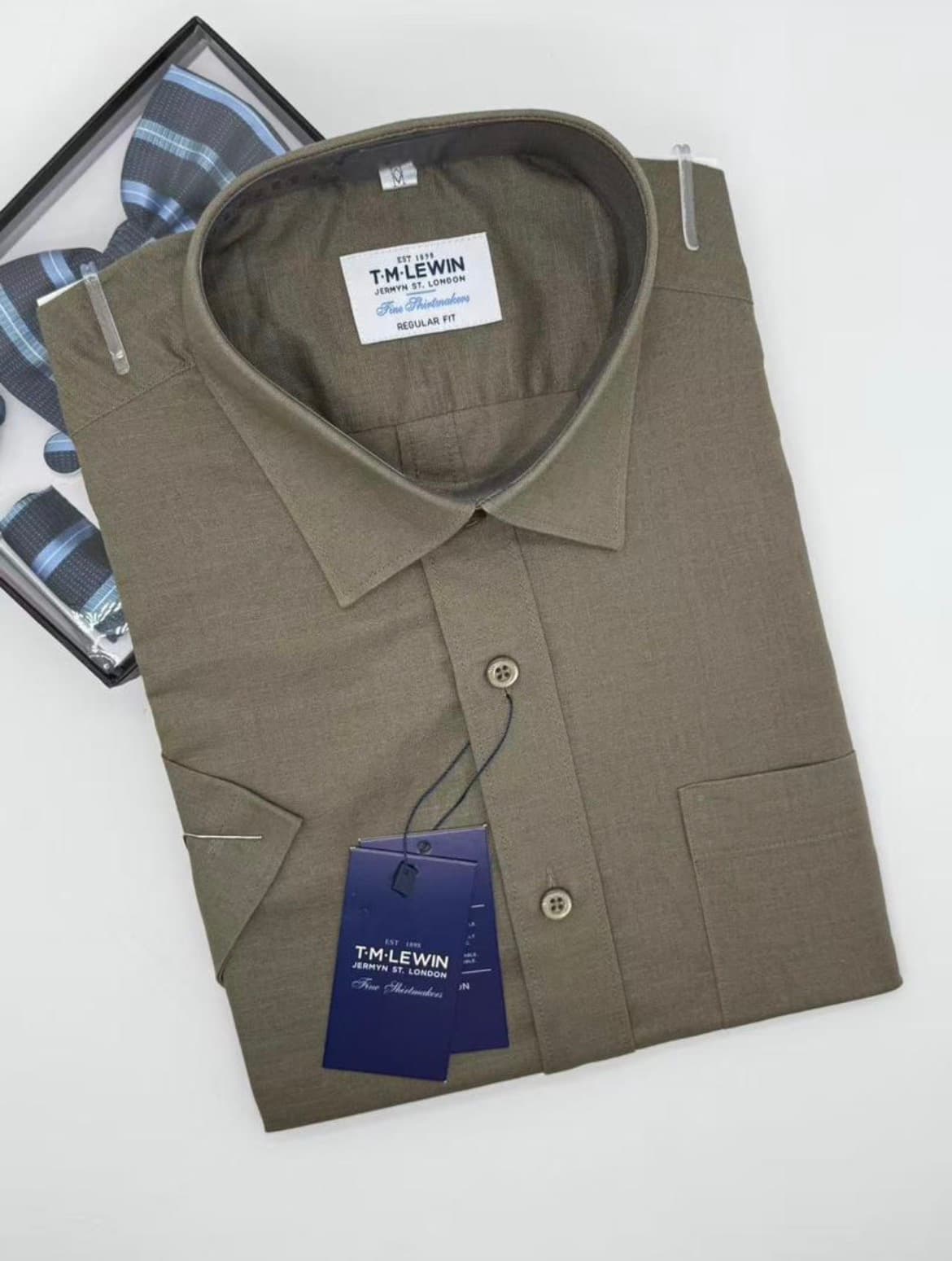 T.M. Lewin Short Sleeve Shirt — Khaki Olive