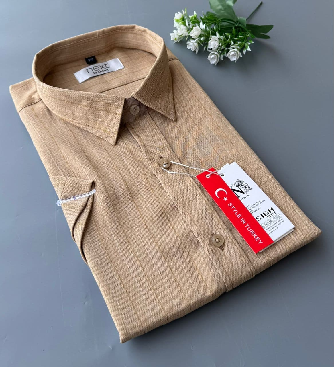 Next Fashion Short Sleeve Shirt ā Beige Pinstripe